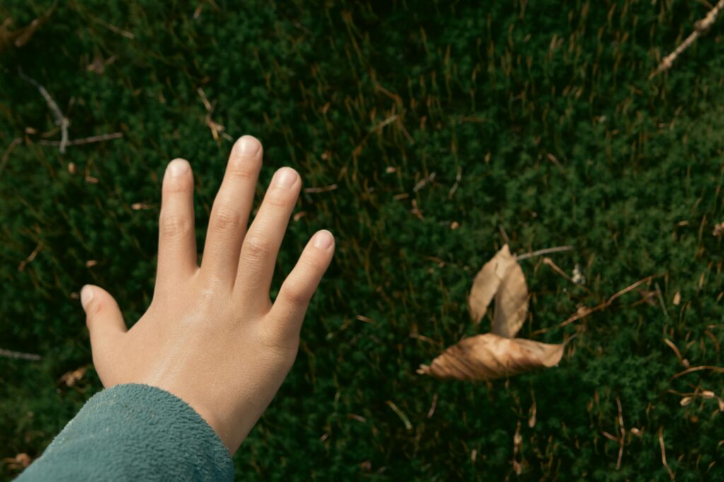 A 1-year-old exploring nature through learning activities, reaching toward lush green moss and fallen leaves outdoors.